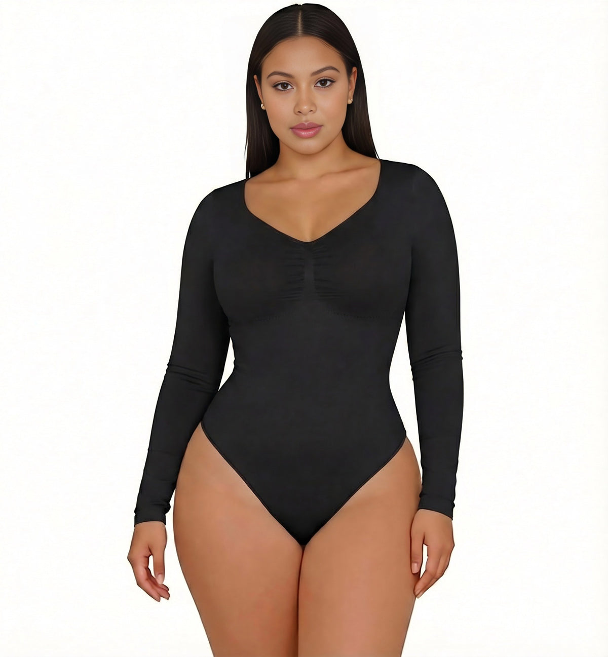 Sculpt Ruched V-Neck Thong Bodysuit in Black, front view
