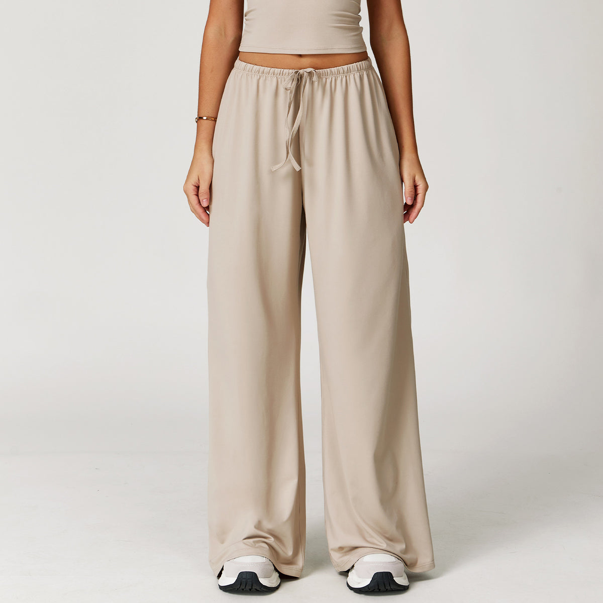Move Wide-Leg Drawstring Pants in Oat, front view