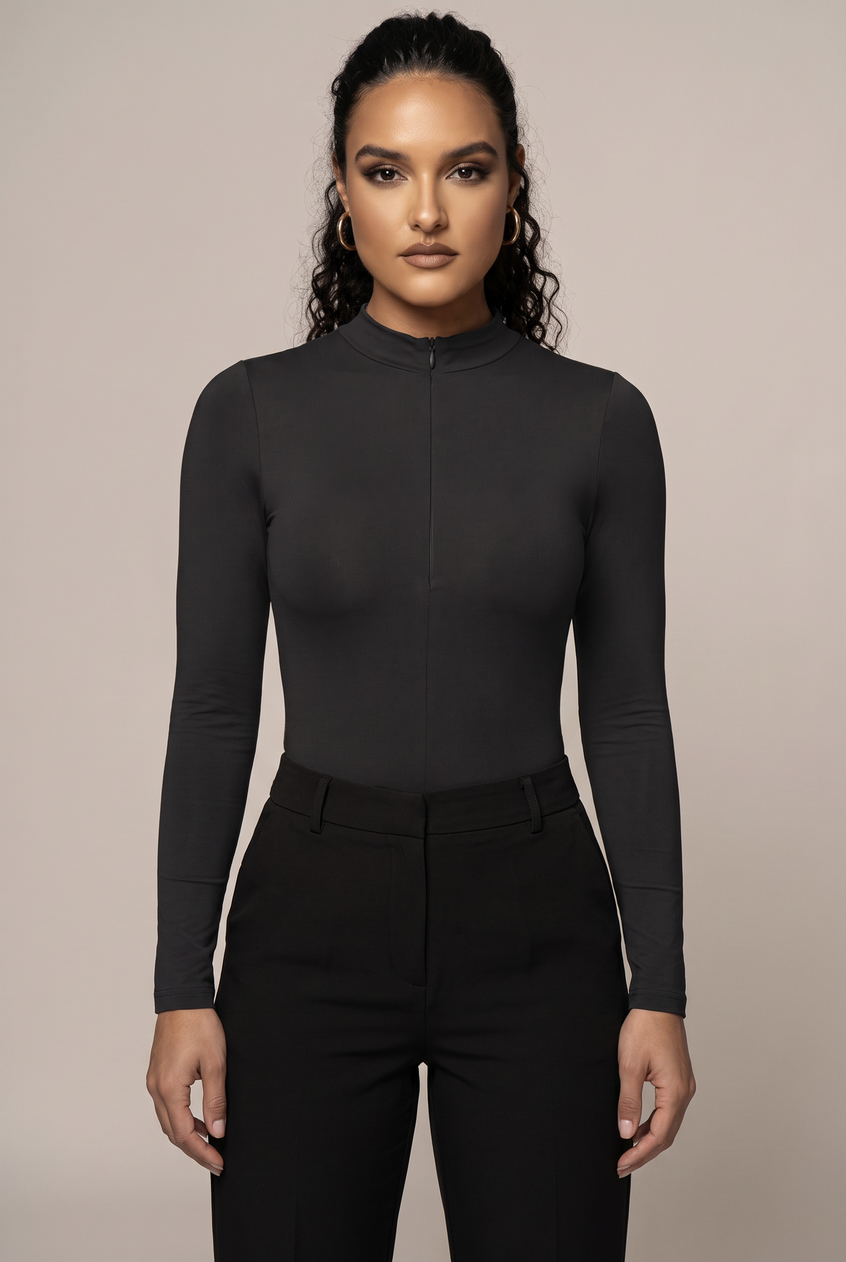 Sculpt Zip-Front Bodysuit in Black, front view