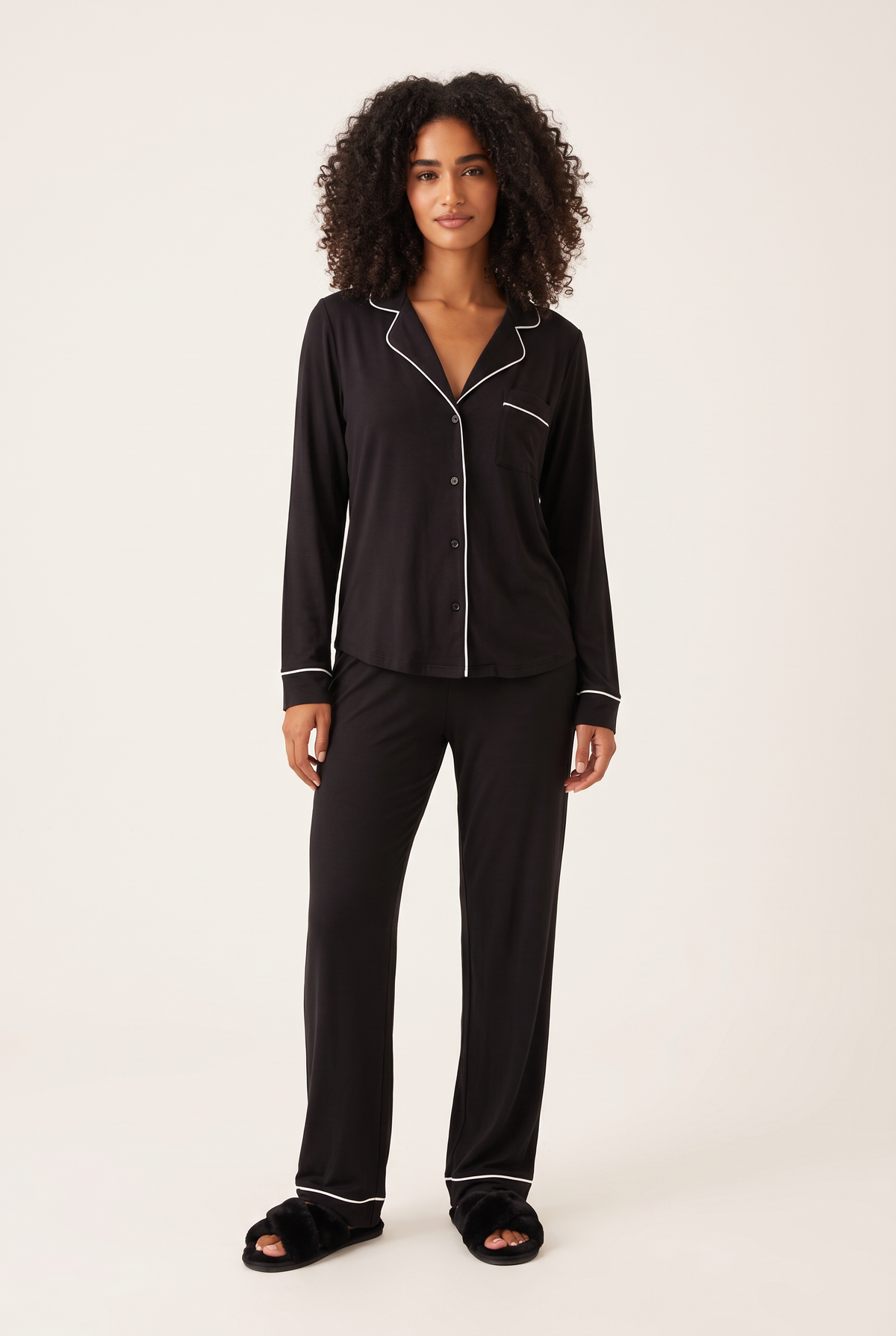 Lounge Long-Sleeve Pajama Set in Black, front view