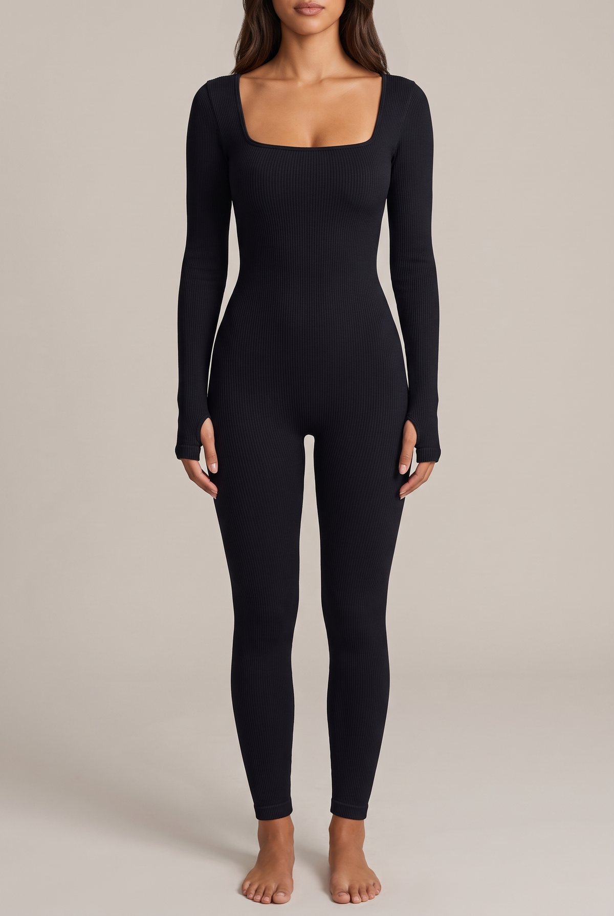 Ribbed Square-Neck Jumpsuit in Black, front view