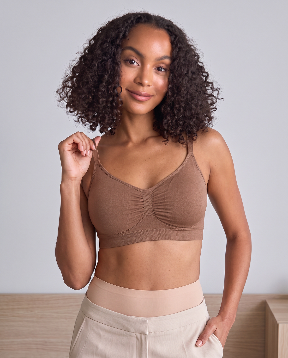 Second Skin Seamless Sleep Bra in Mocha, front view