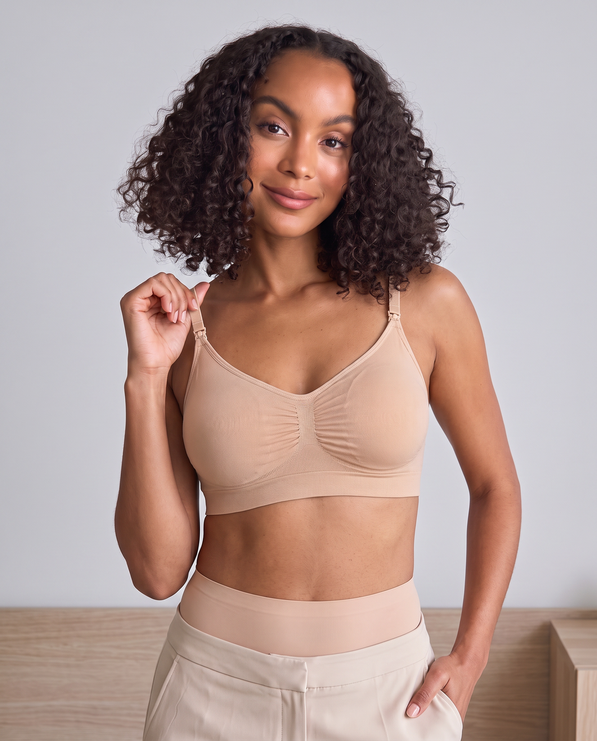 Second Skin Seamless Sleep Bra in Sand, front view