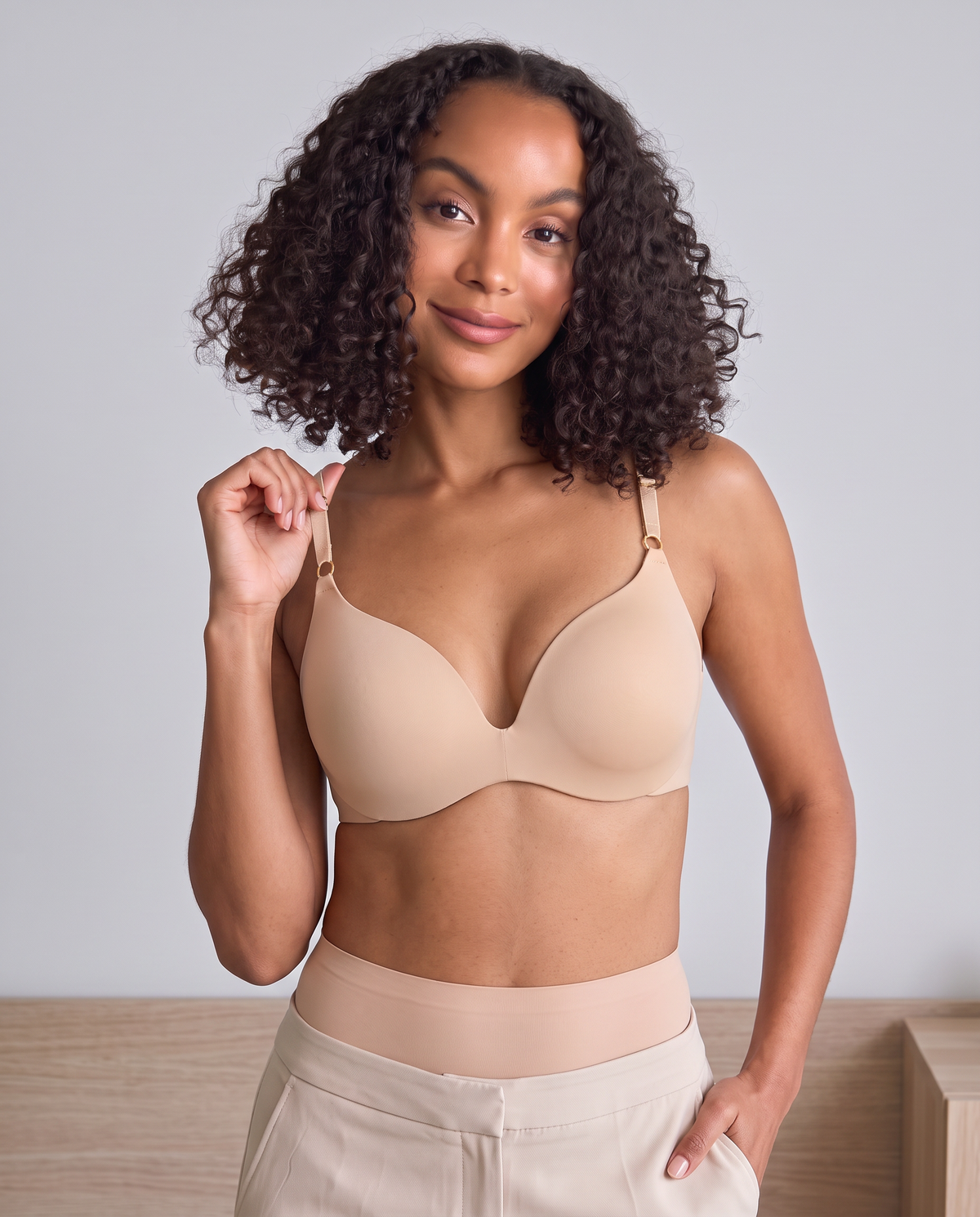 Second Skin Y-Back Push-Up Bra in Sand, front view