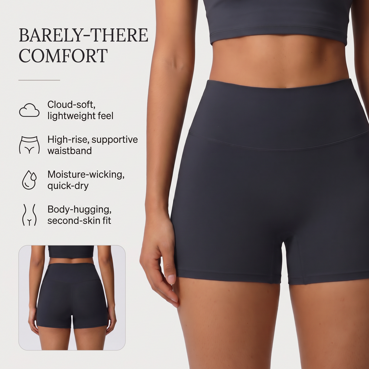 Move Cloud-Soft Shorts key benefits: cloud-soft lightweight feel, high-rise supportive waistband, moisture-wicking quick-dry, body-hugging second-skin fit