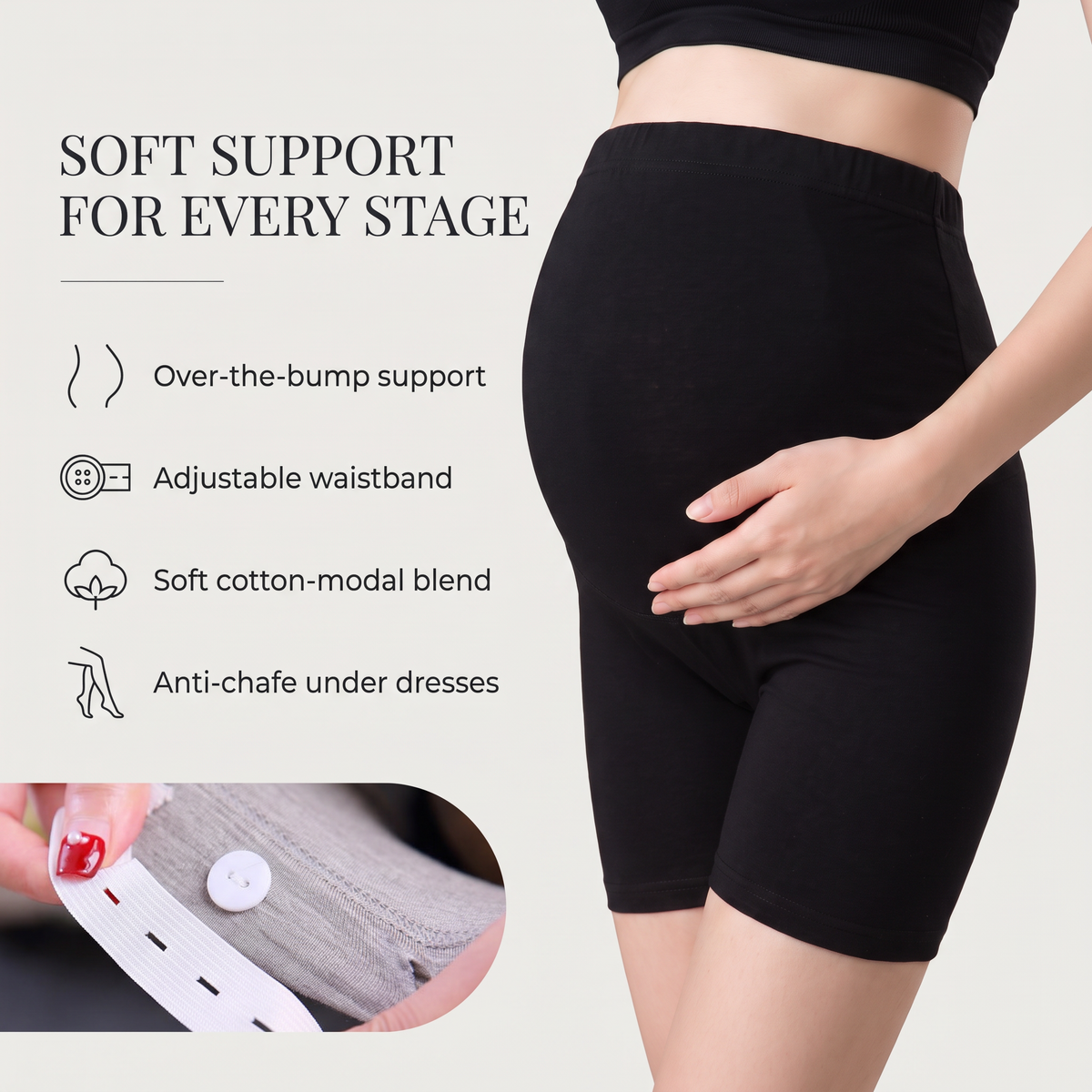 Move Maternity Support Shorts key benefits: over-the-bump support, adjustable waistband, soft cotton-modal blend, anti-chafe under dresses