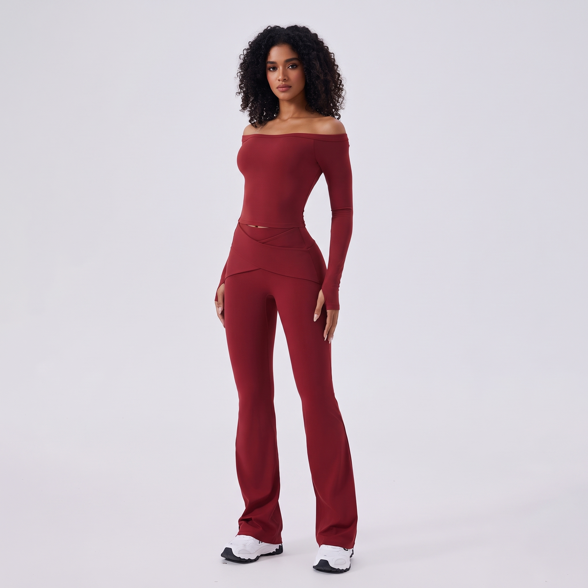 Move Off-Shoulder Flare Set in Wine, front view