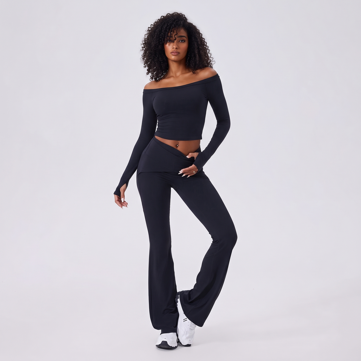 Move Off-Shoulder Flare Set in Black, front view