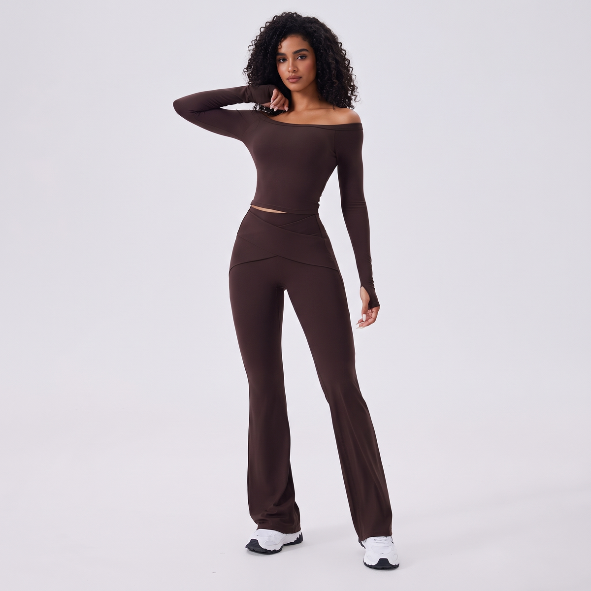 Move Off-Shoulder Flare Set in Mocha, front view