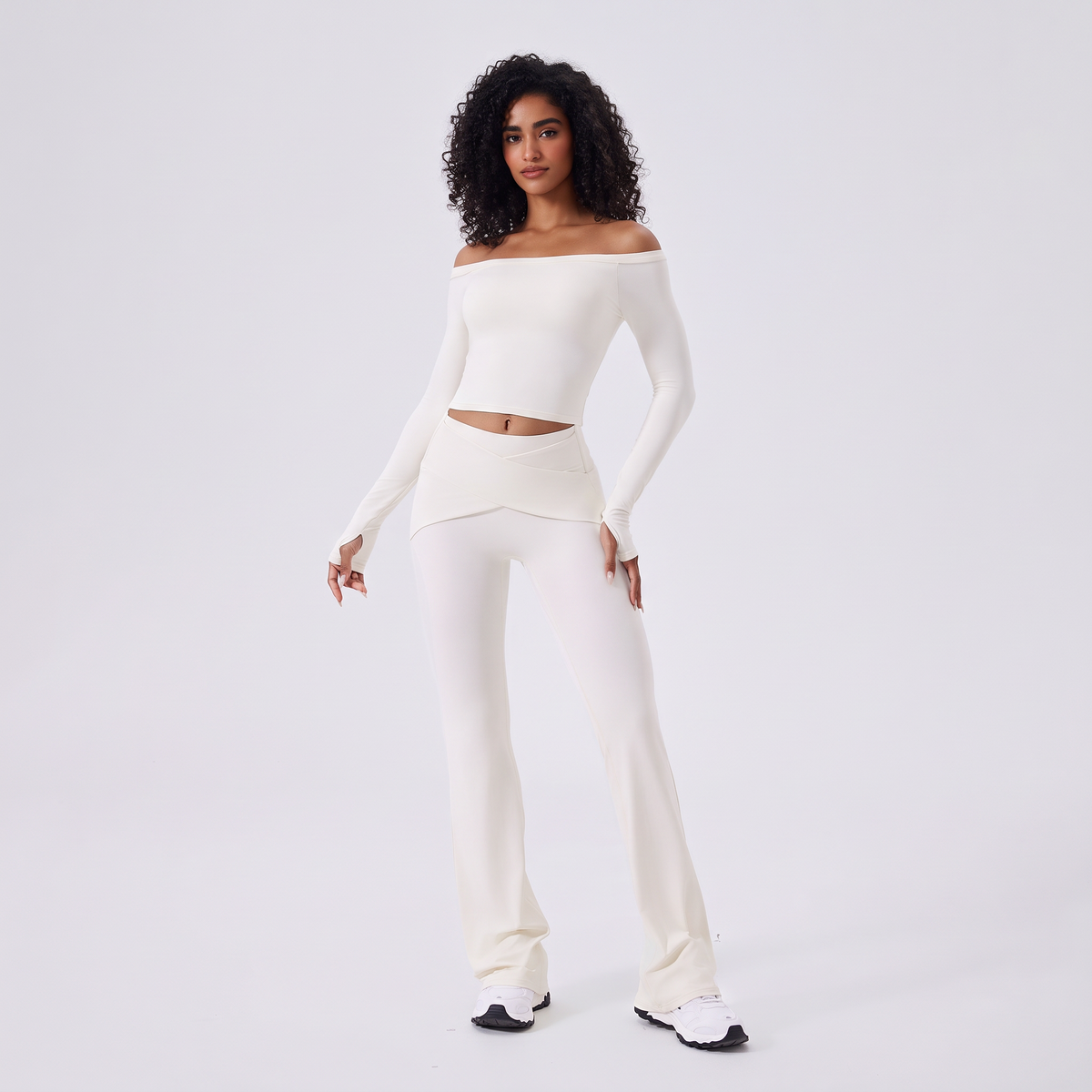 Move Off-Shoulder Flare Set in Ivory, front view