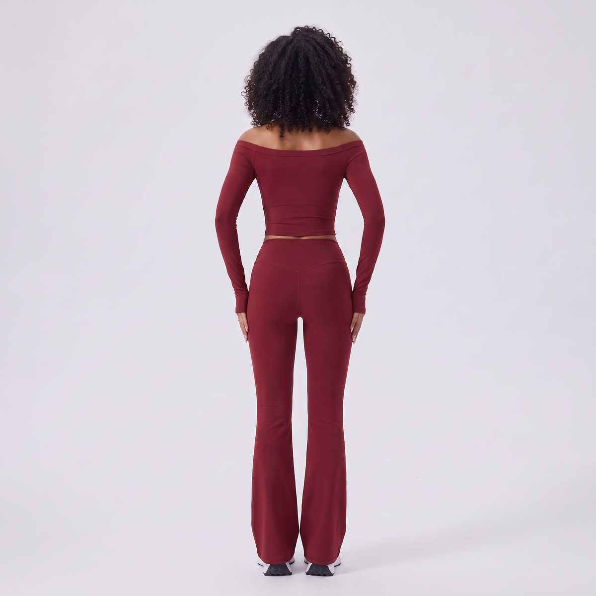 Move Off-Shoulder Flare Set in Wine, back view