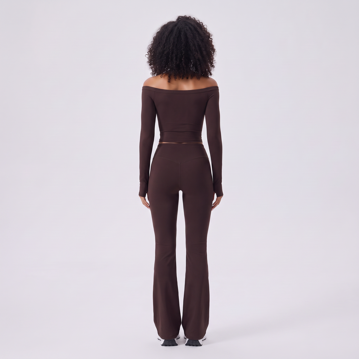 Move Off-Shoulder Flare Set in Mocha, back view