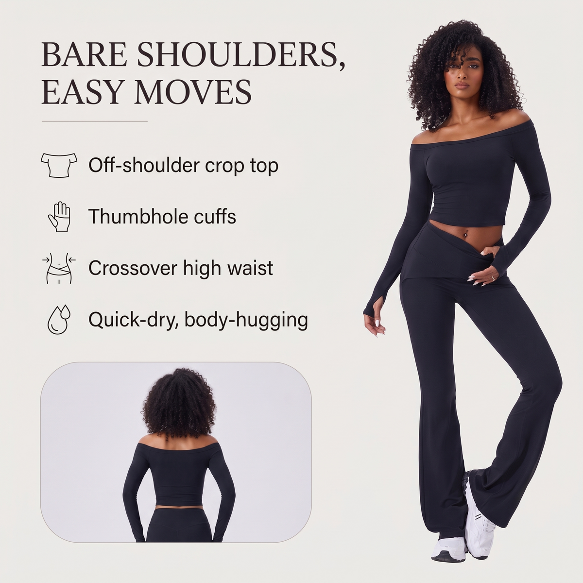 Move Off-Shoulder Flare Set key benefits: off-shoulder crop top, thumbhole cuffs, crossover high waist, quick-dry body-hugging
