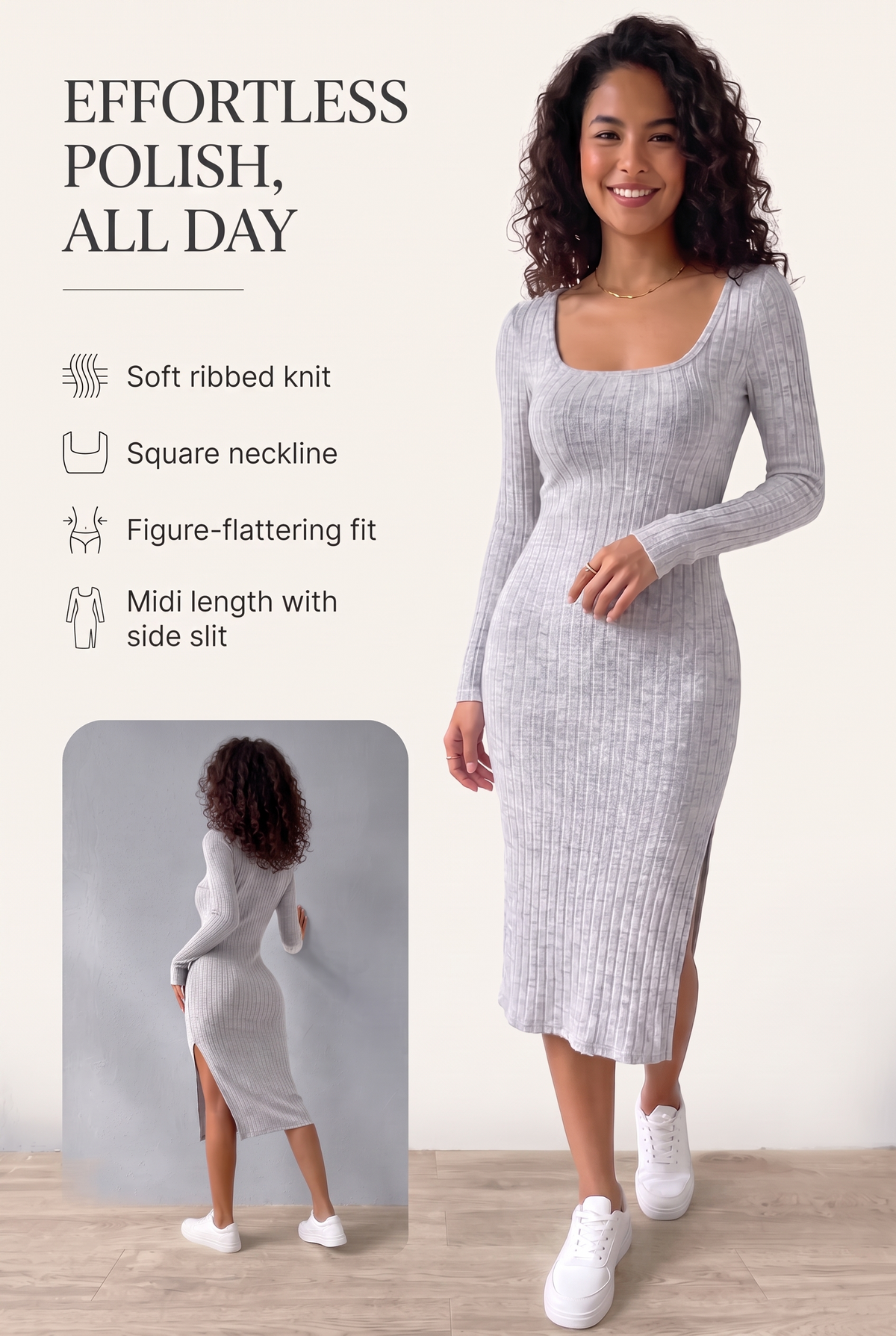 Ribbed Square-Neck Midi Dress key benefits: soft ribbed knit, square neckline, figure-flattering fit, midi length with side slit