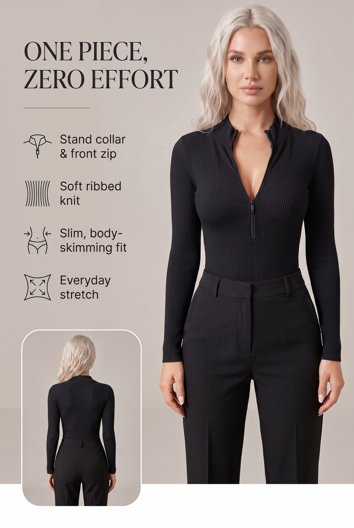 Sculpt Ribbed Zip-Front Bodysuit key benefits