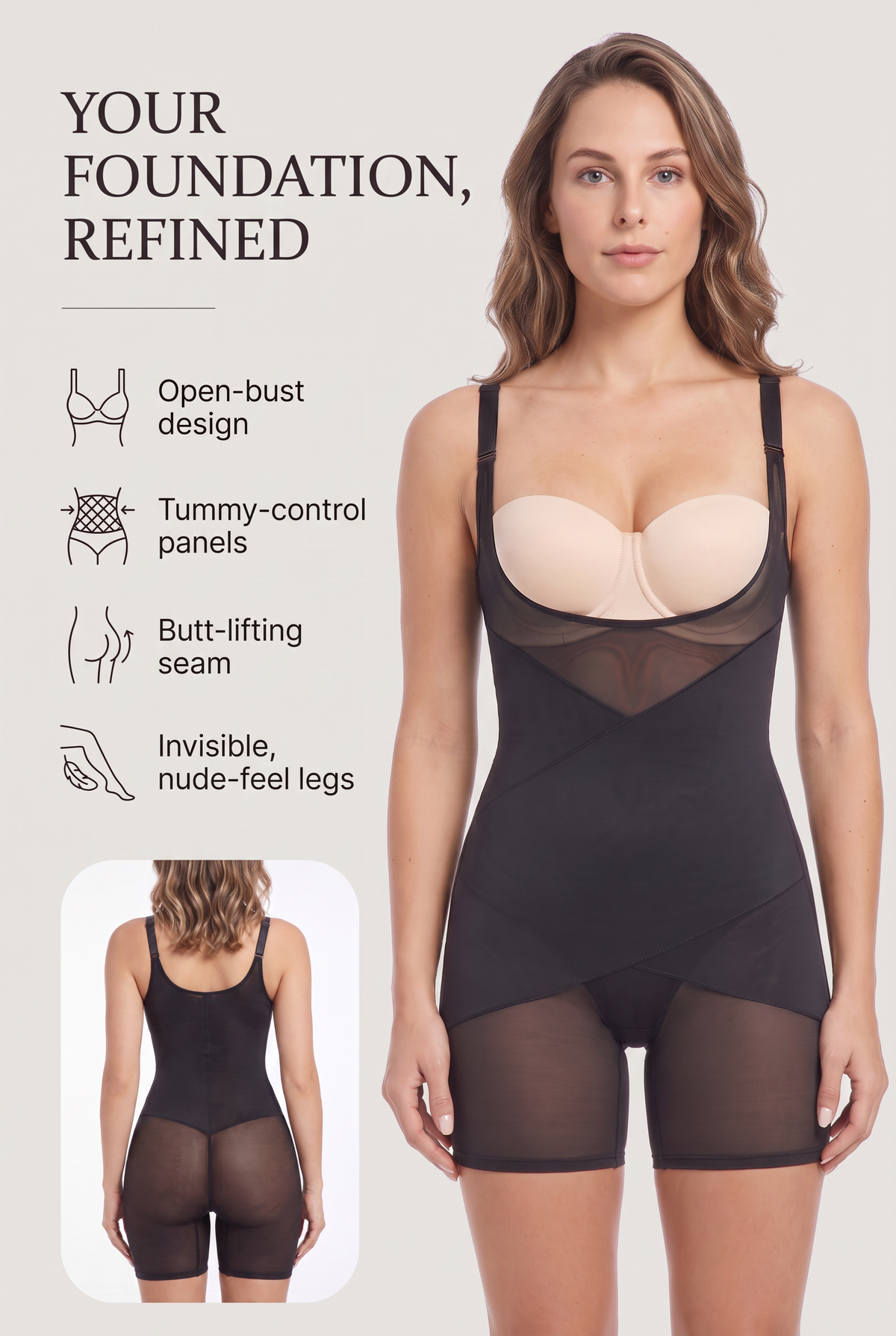 Sculpt Open-Bust Mesh Bodysuit key benefits