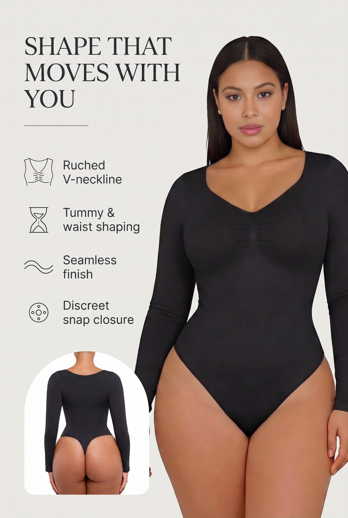 Sculpt Ruched V-Neck Thong Bodysuit key benefits