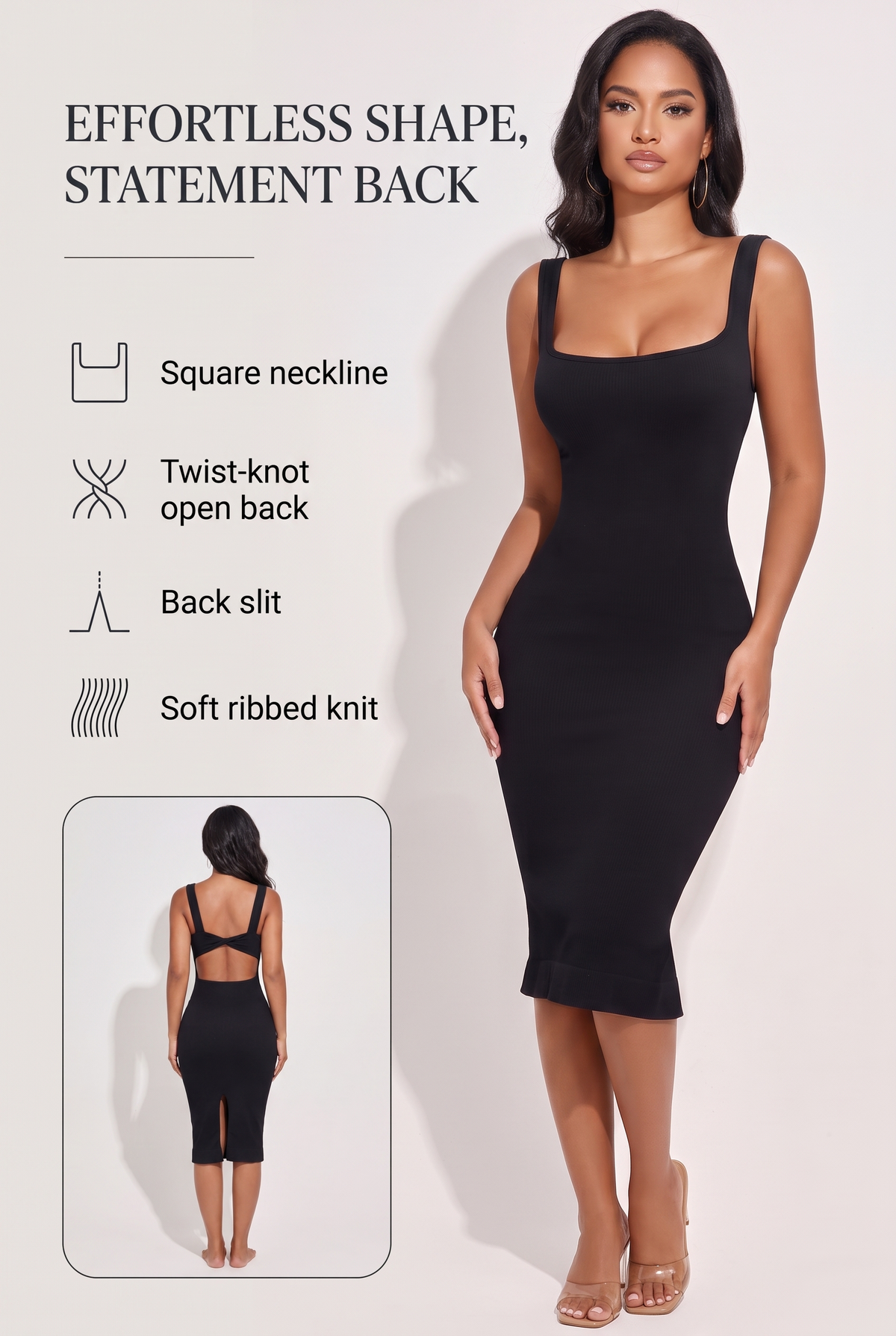 Square-Neck Twist-Back Midi Dress key benefits