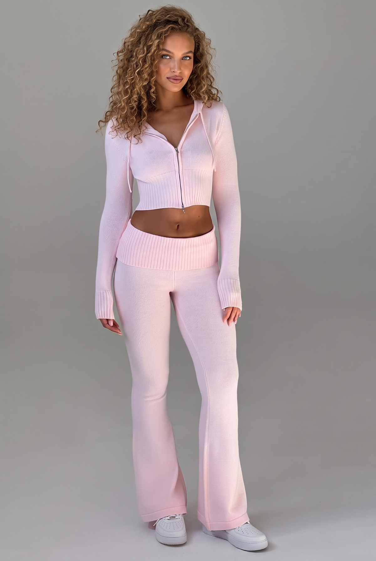 Lounge Knit Zip-Hoodie Set in Blush, front view