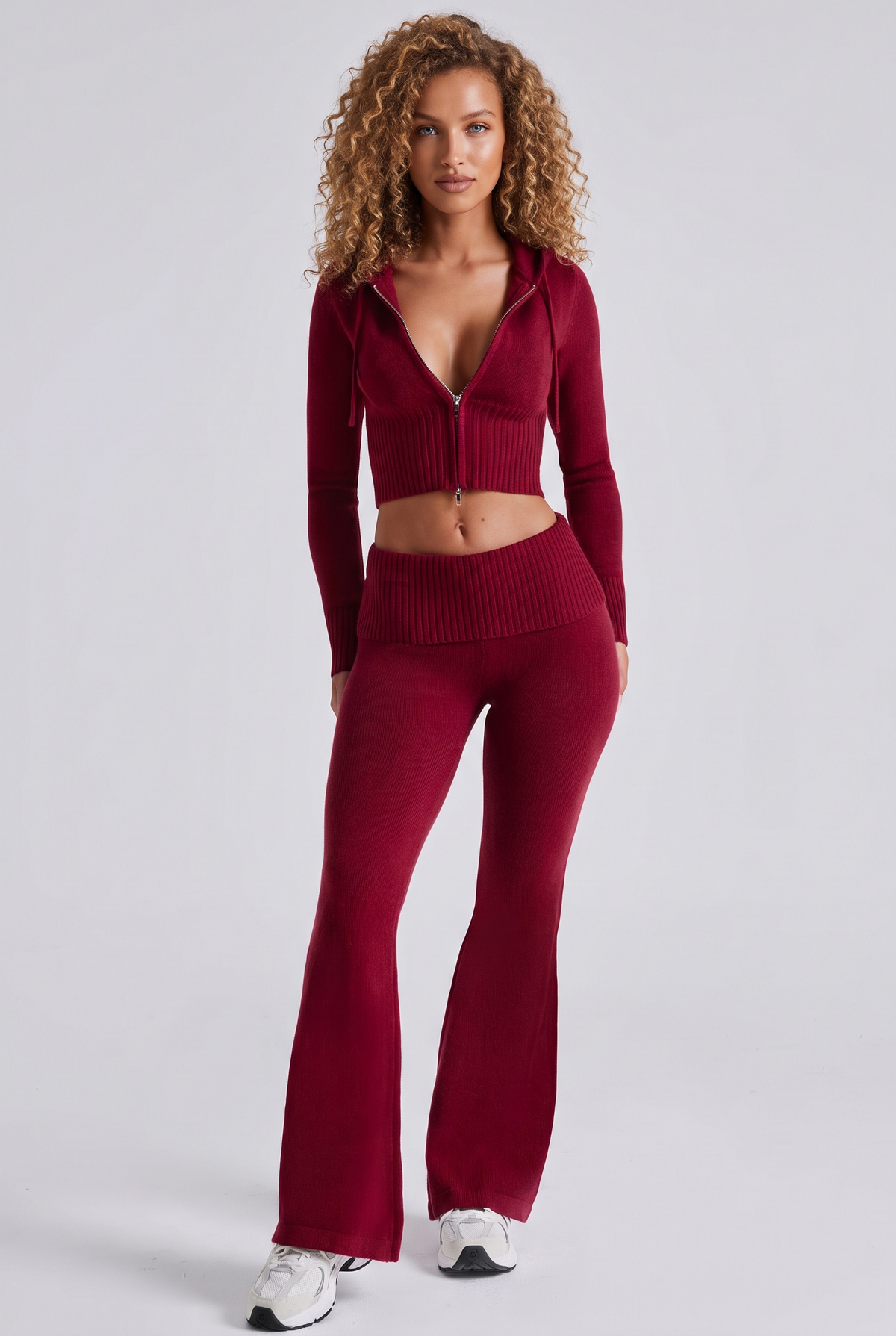 Lounge Knit Zip-Hoodie Set in Wine, front view