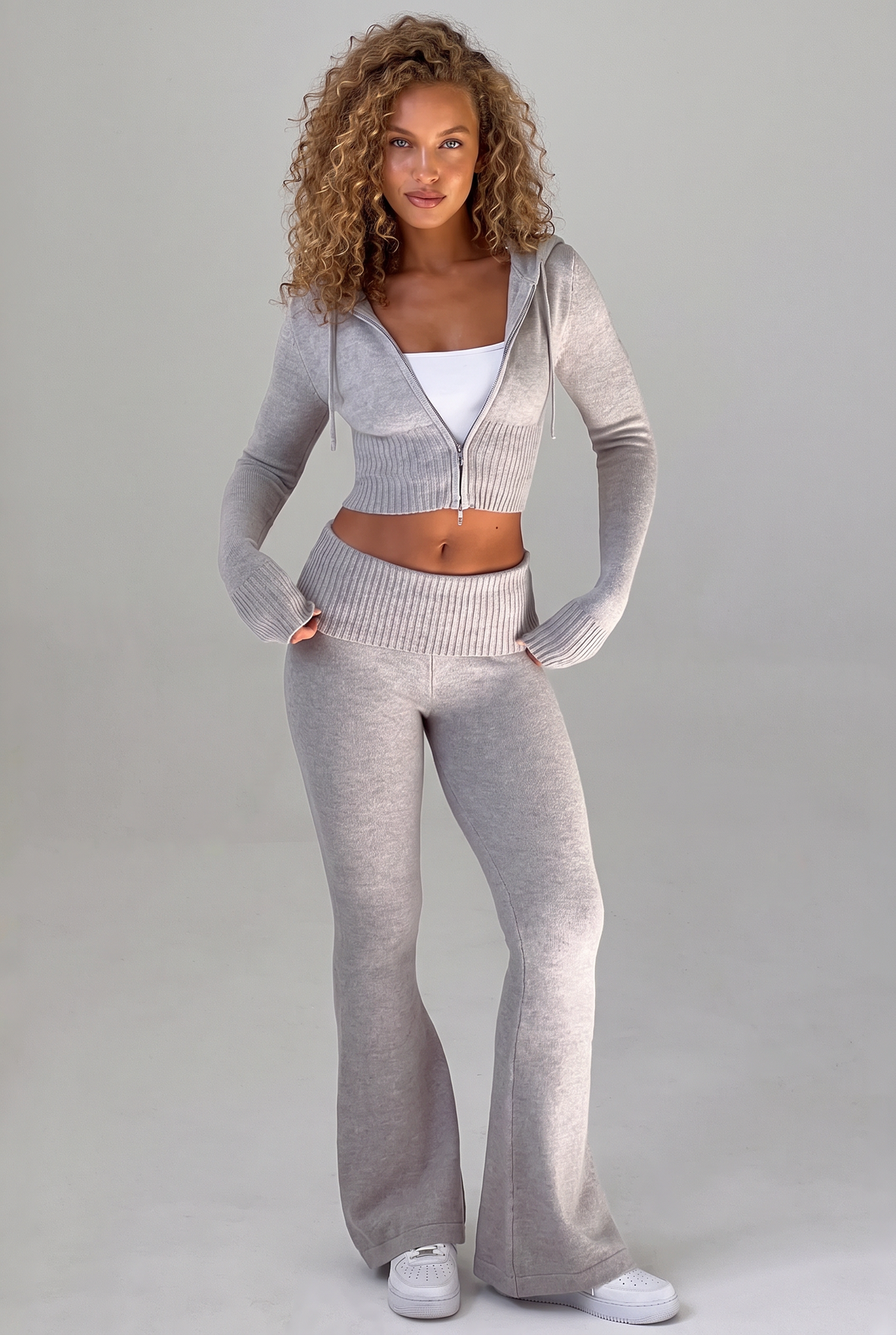 Lounge Knit Zip-Hoodie Set in Grey, front view