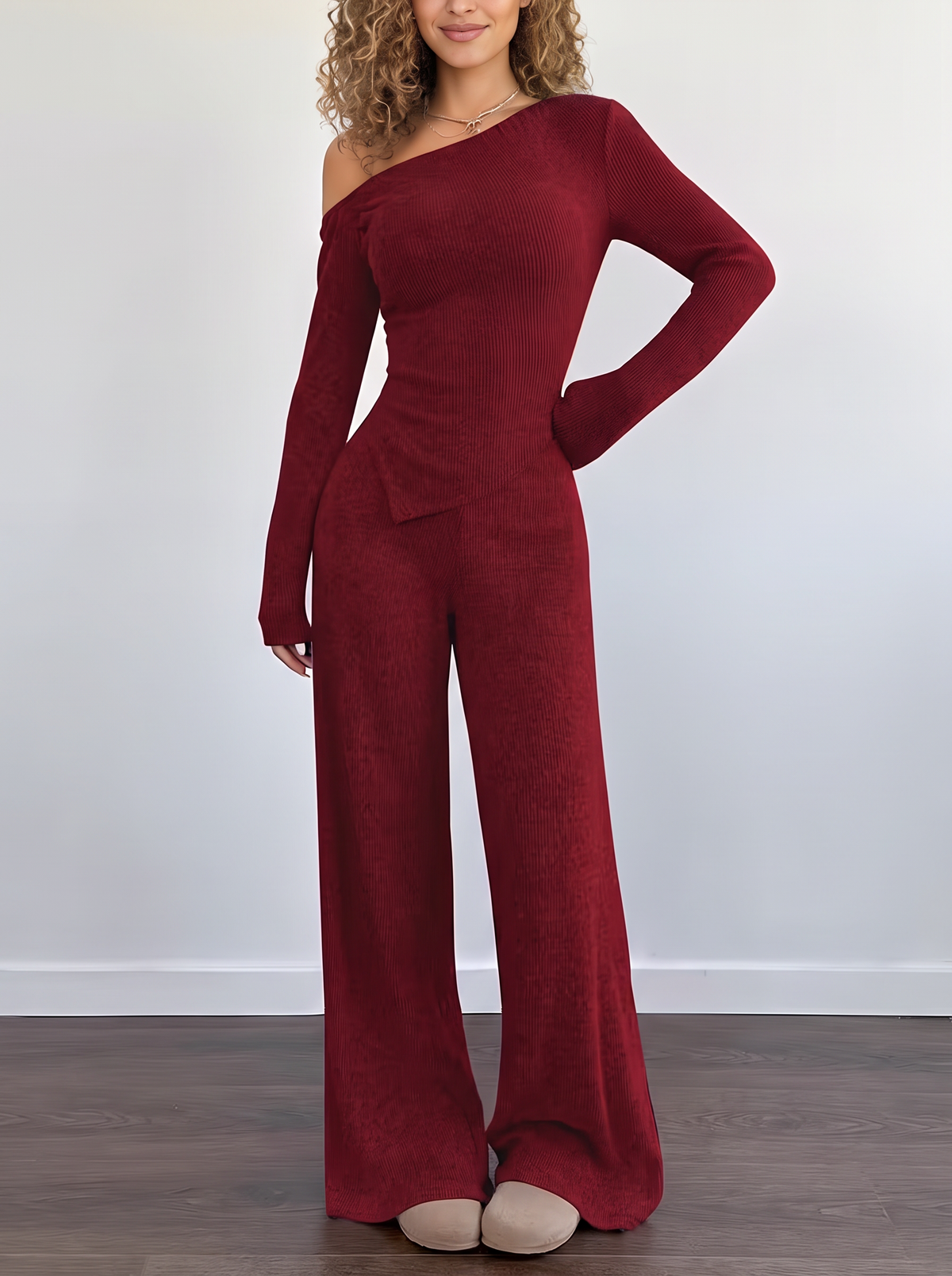 Lounge One-Shoulder Knit Set in Burgundy, front view