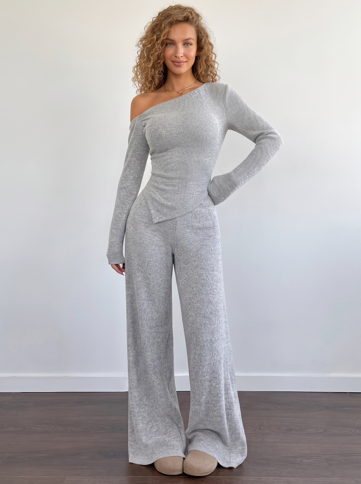 Lounge One-Shoulder Knit Set in Light Grey, front view