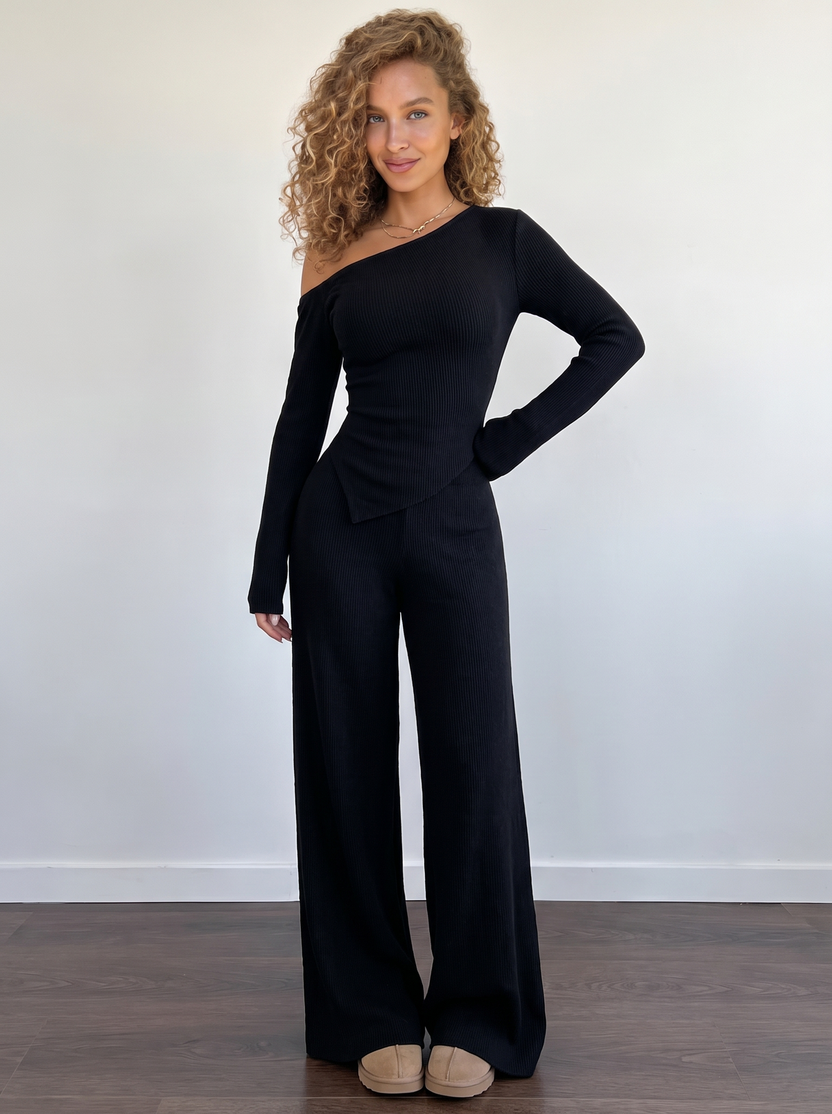 Lounge One-Shoulder Knit Set in Black, front view
