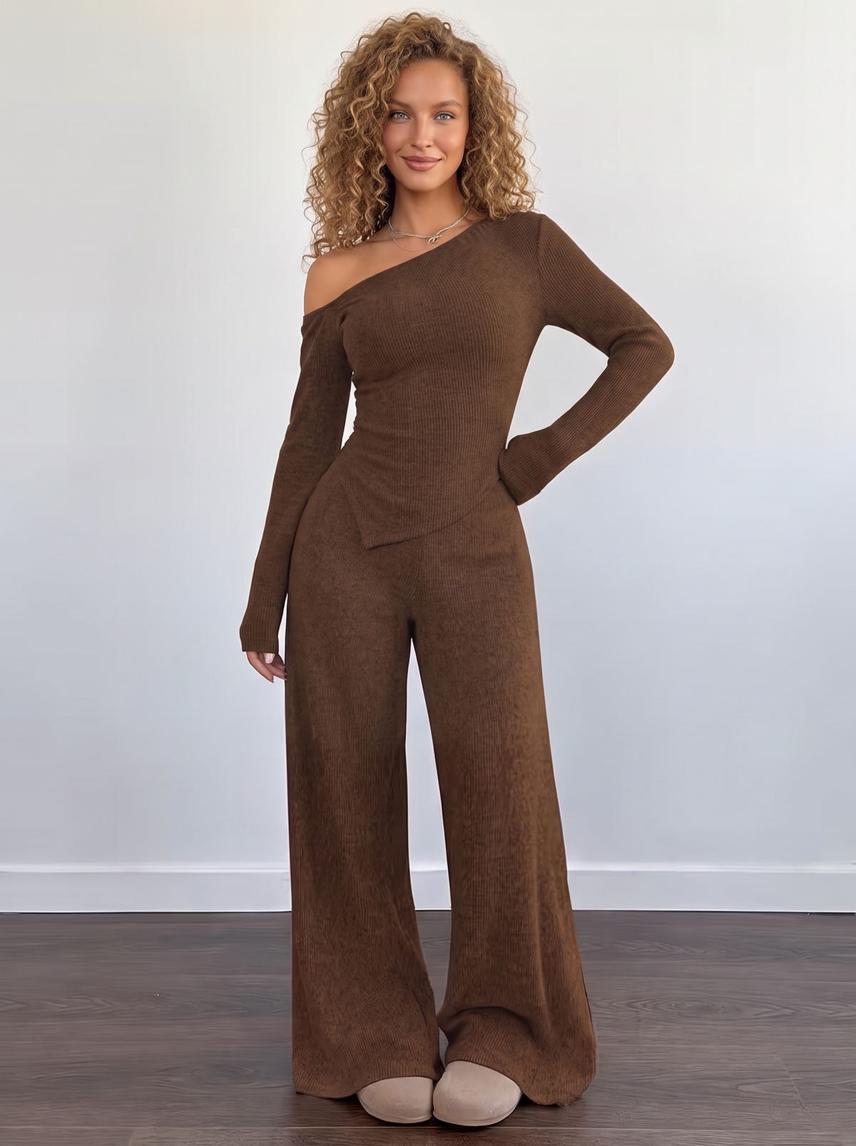Lounge One-Shoulder Knit Set in Cocoa, front view