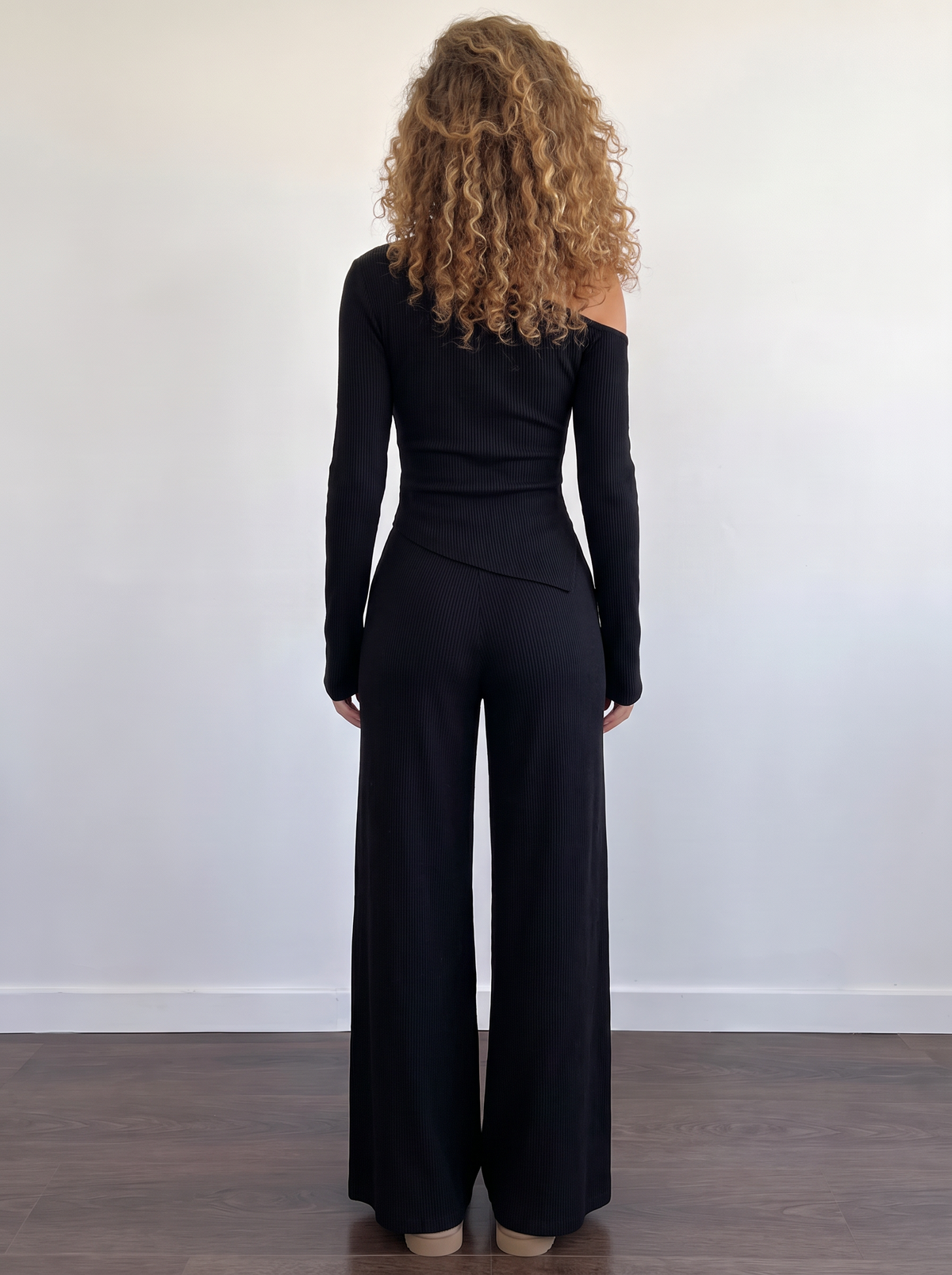 Lounge One-Shoulder Knit Set in Black, back view
