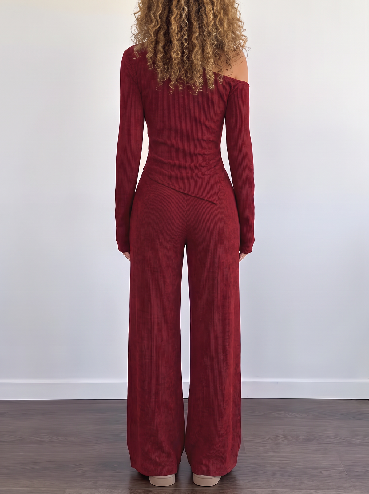 Lounge One-Shoulder Knit Set in Burgundy, back view