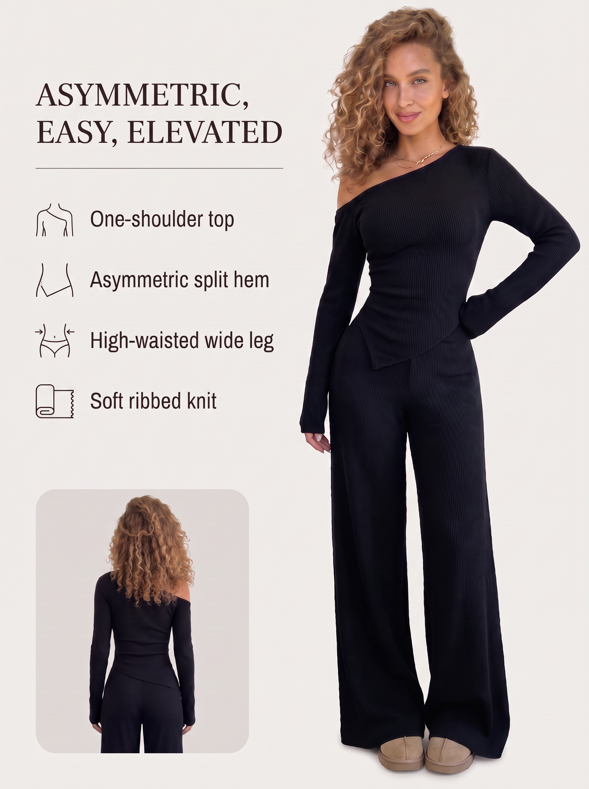 Lounge One-Shoulder Knit Set key benefits: one-shoulder top, asymmetric split hem, high-waisted wide leg, soft ribbed knit