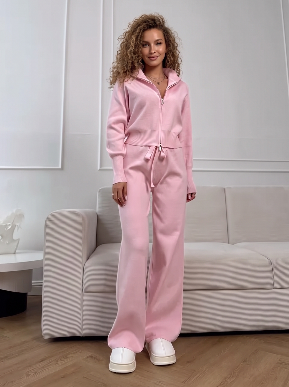 Lounge Double-Zip Knit Set in Blush, front view