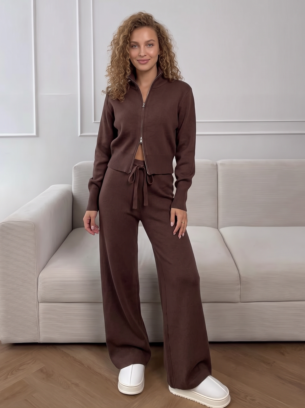 Lounge Double-Zip Knit Set in Cocoa, front view