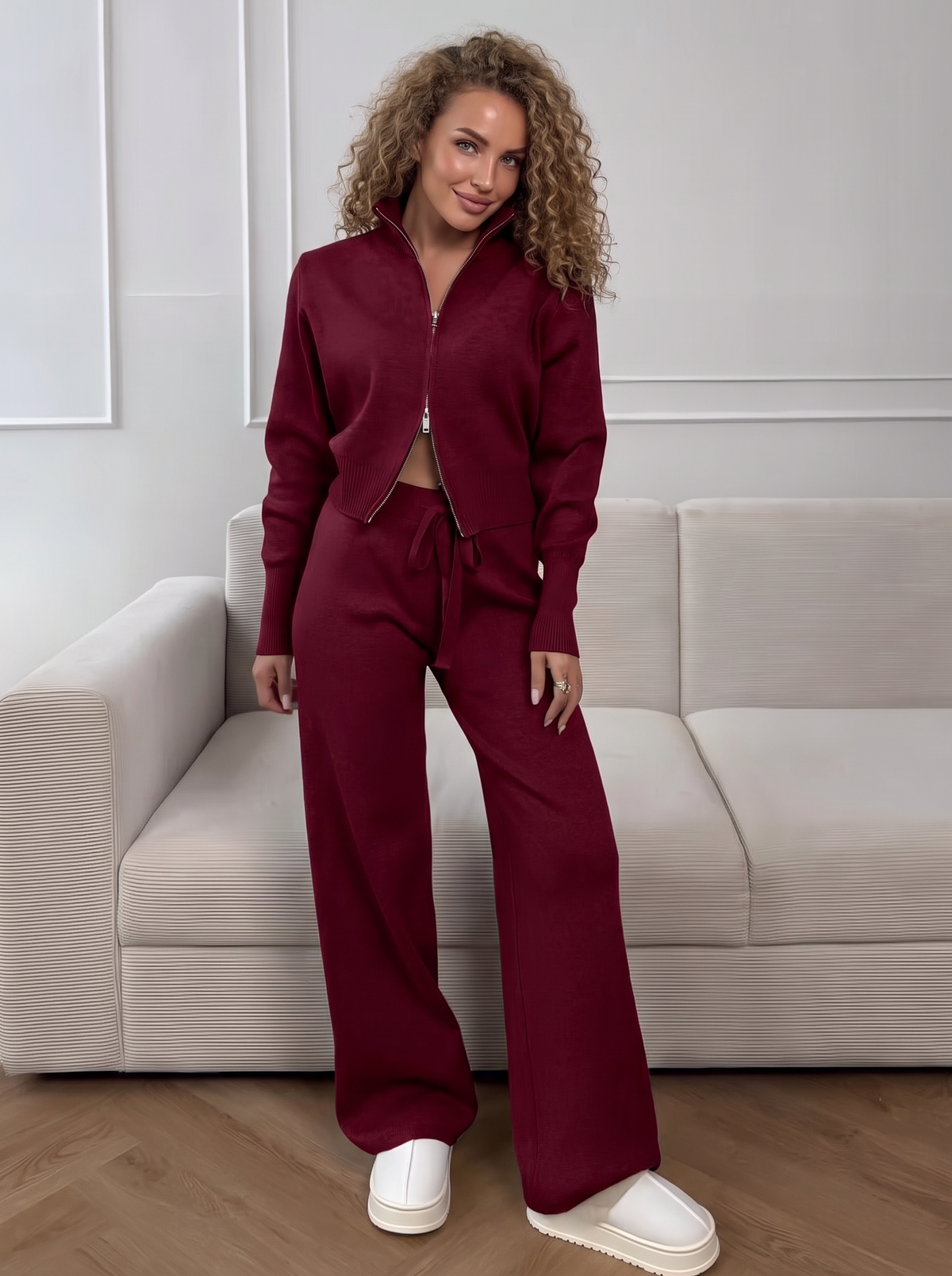 Lounge Double-Zip Knit Set in Burgundy, front view