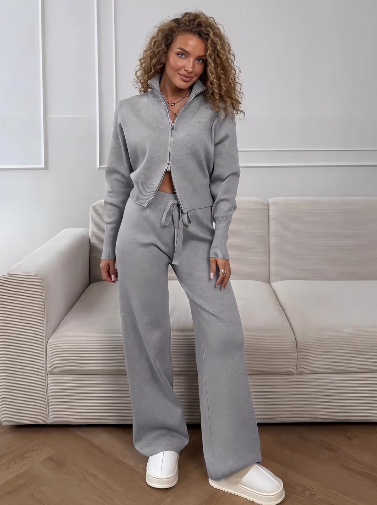 Lounge Double-Zip Knit Set in Grey, front view