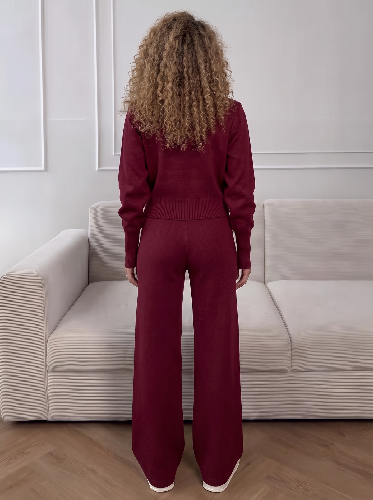 Lounge Double-Zip Knit Set in Burgundy, back view