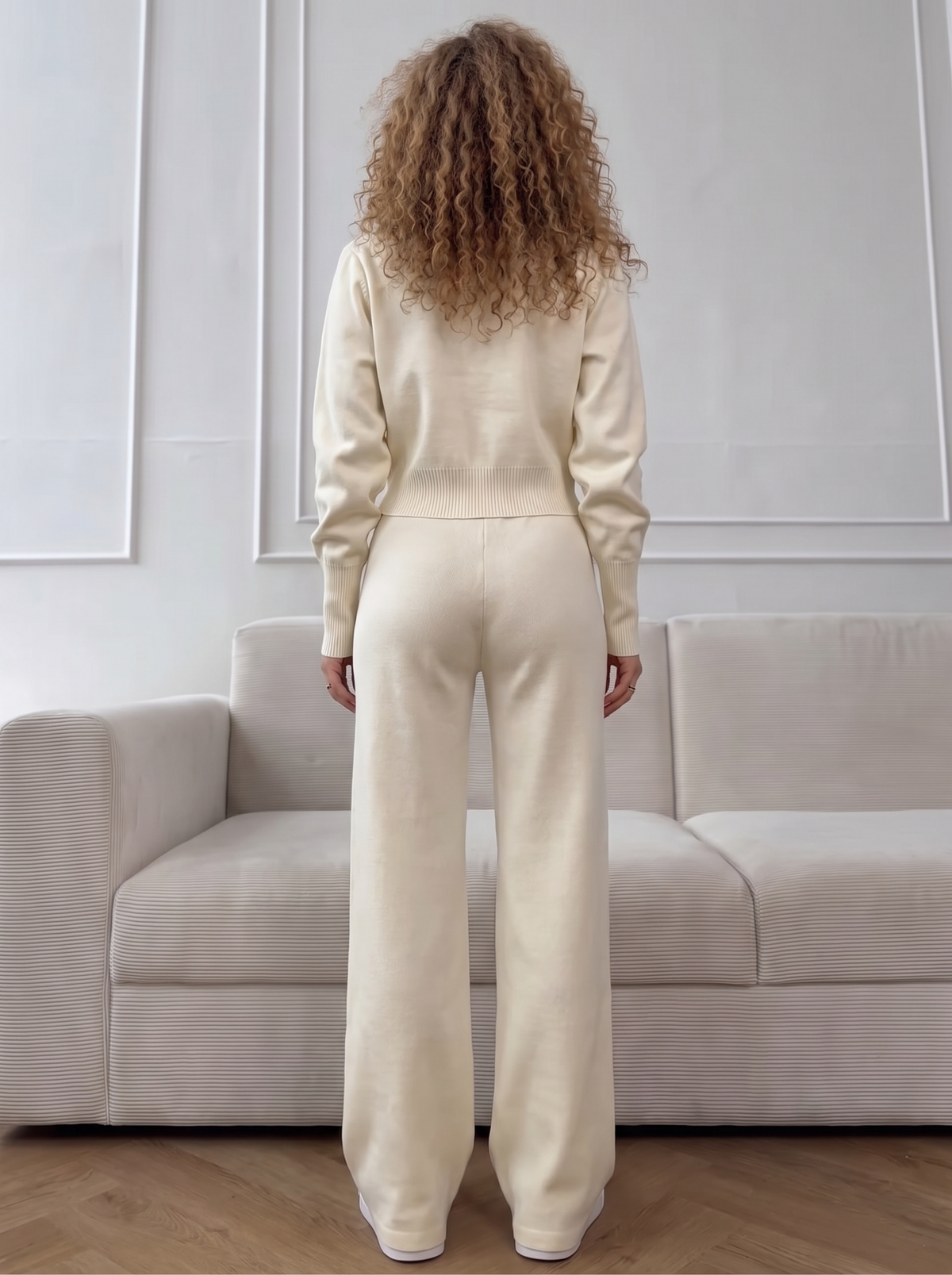 Lounge Double-Zip Knit Set in Beige, back view