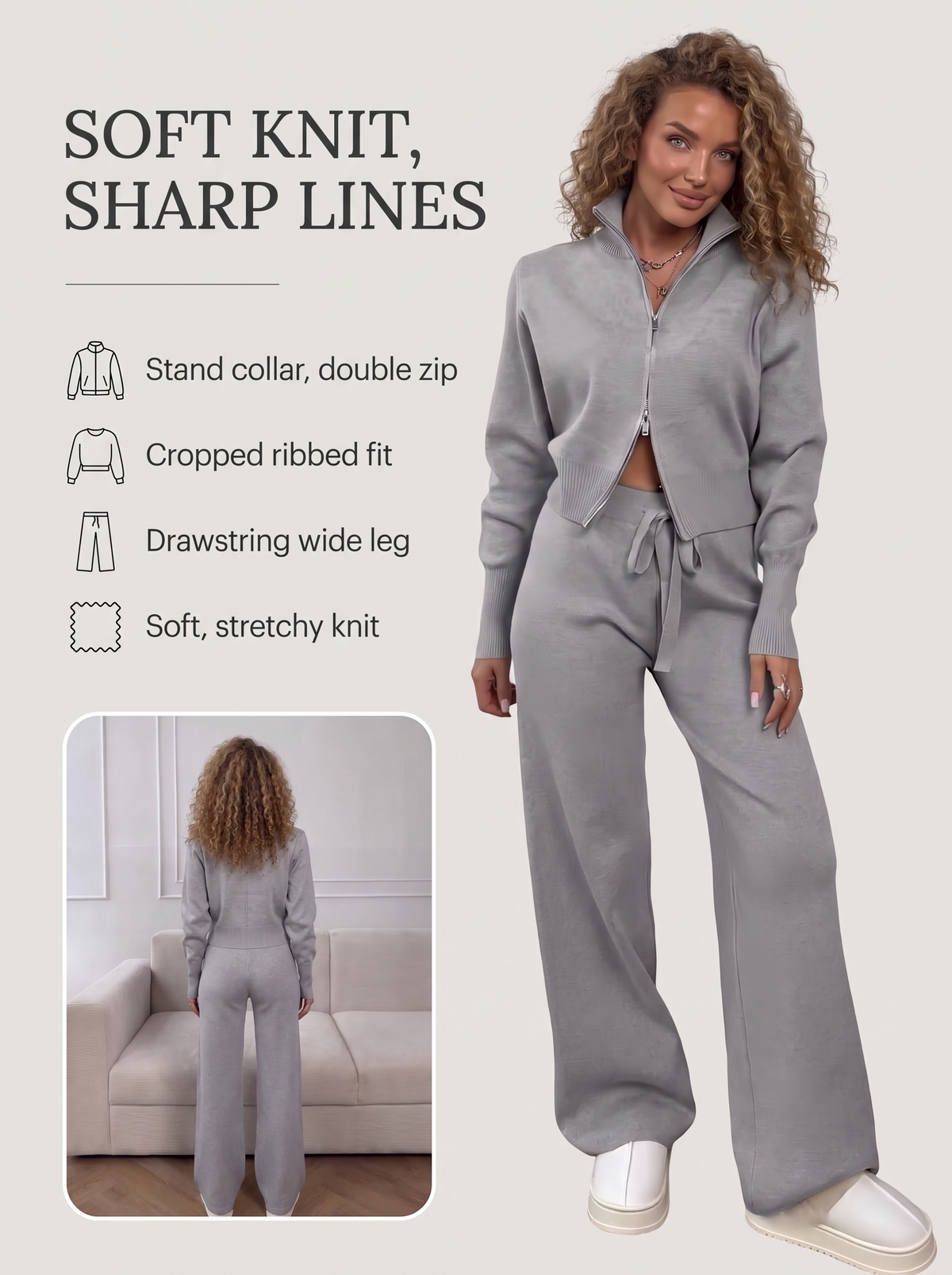 Lounge Double-Zip Knit Set key benefits: stand collar double zip, cropped ribbed fit, drawstring wide leg, soft stretchy knit