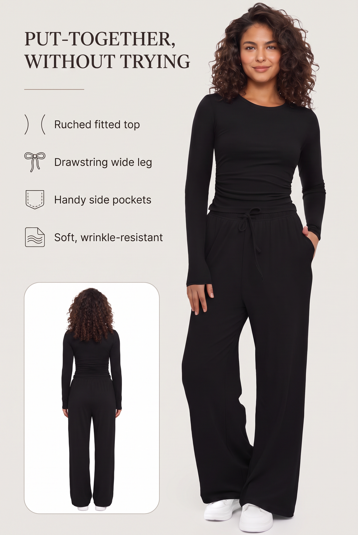 Lounge Relaxed Two-Piece Set key benefits: ruched fitted top, drawstring wide leg, handy side pockets, soft wrinkle-resistant