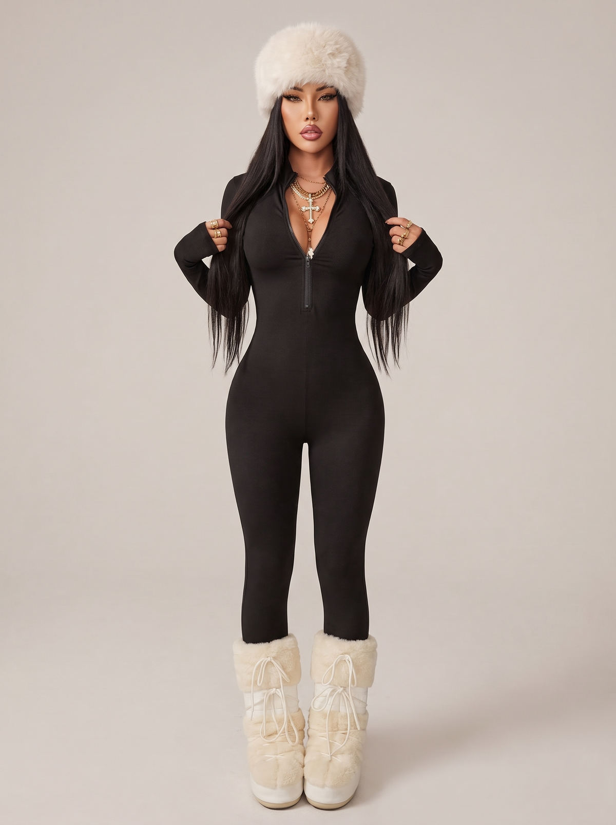 Move Zip-Front Jumpsuit in Black, front view