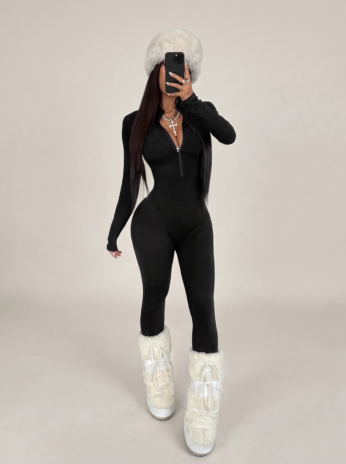 Move Zip-Front Jumpsuit in Black, mirror view