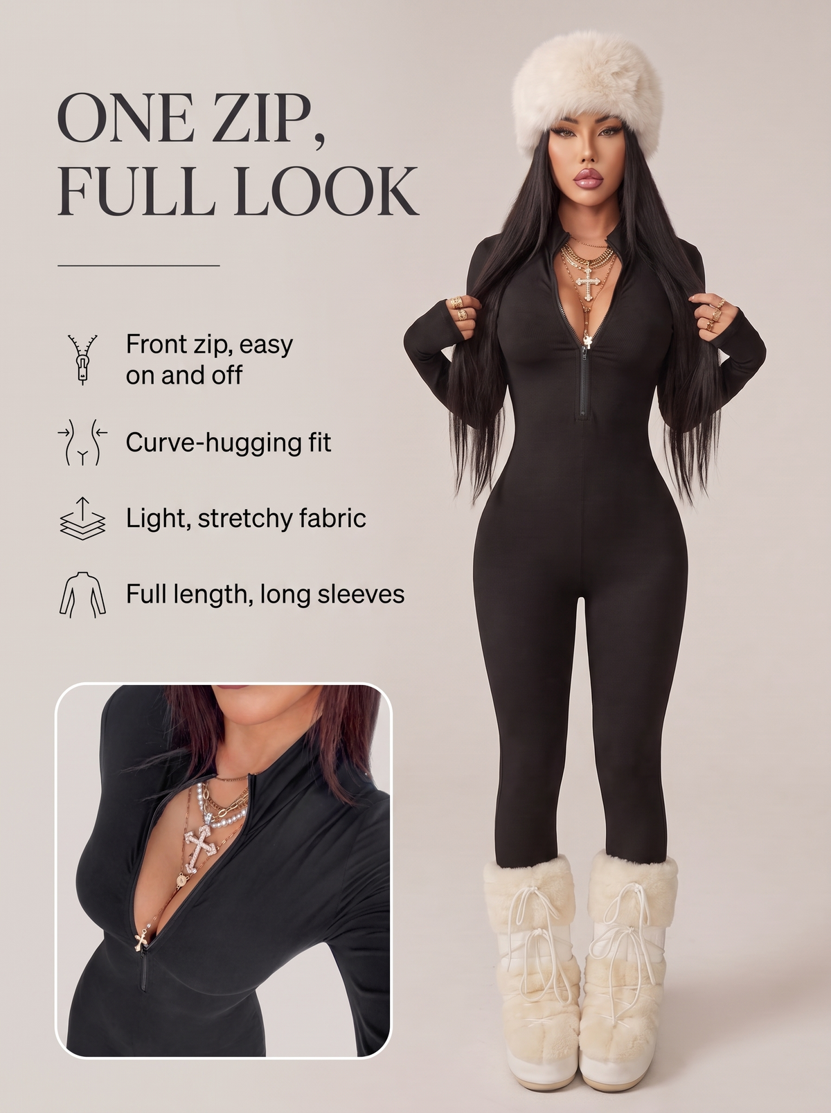 Move Zip-Front Jumpsuit key benefits: front zip, curve-hugging fit, light stretchy fabric, full length long sleeves