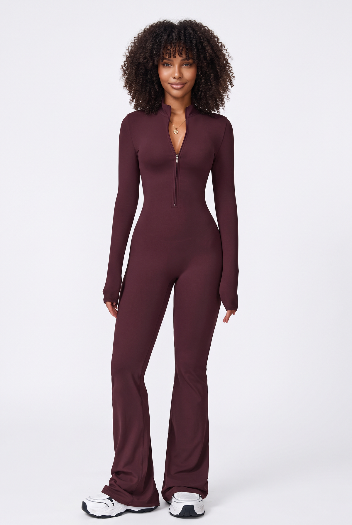 Move Zip-Front Flare Jumpsuit in Wine, front view