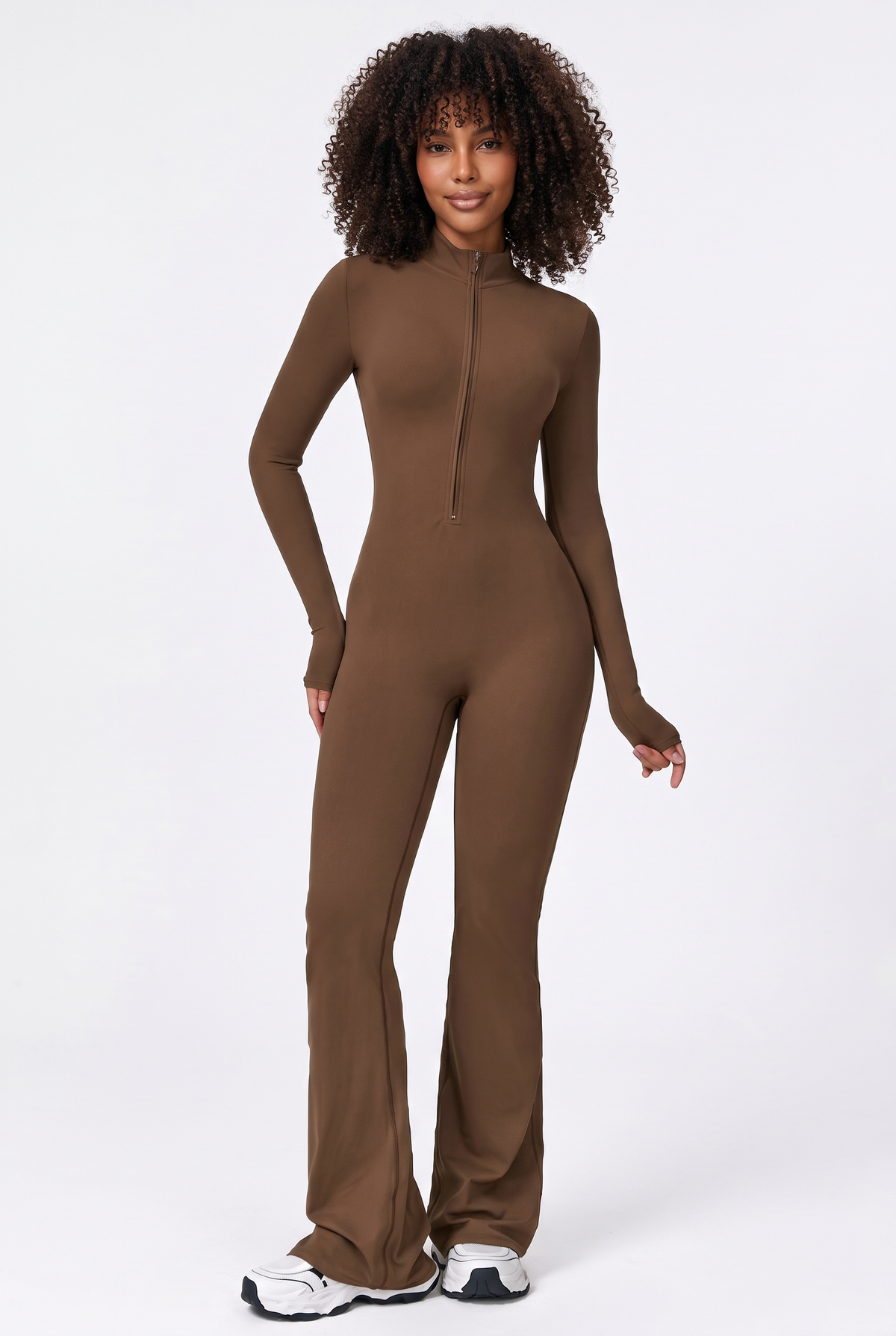 Move Zip-Front Flare Jumpsuit in Mocha, front view