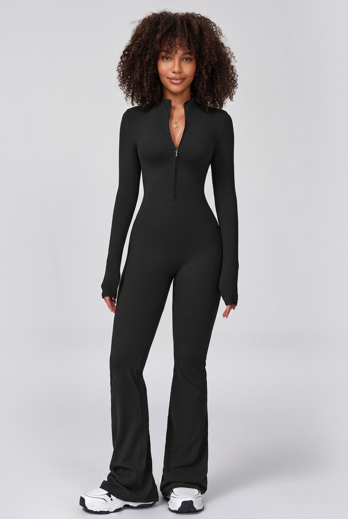 Move Zip-Front Flare Jumpsuit in Black, front view