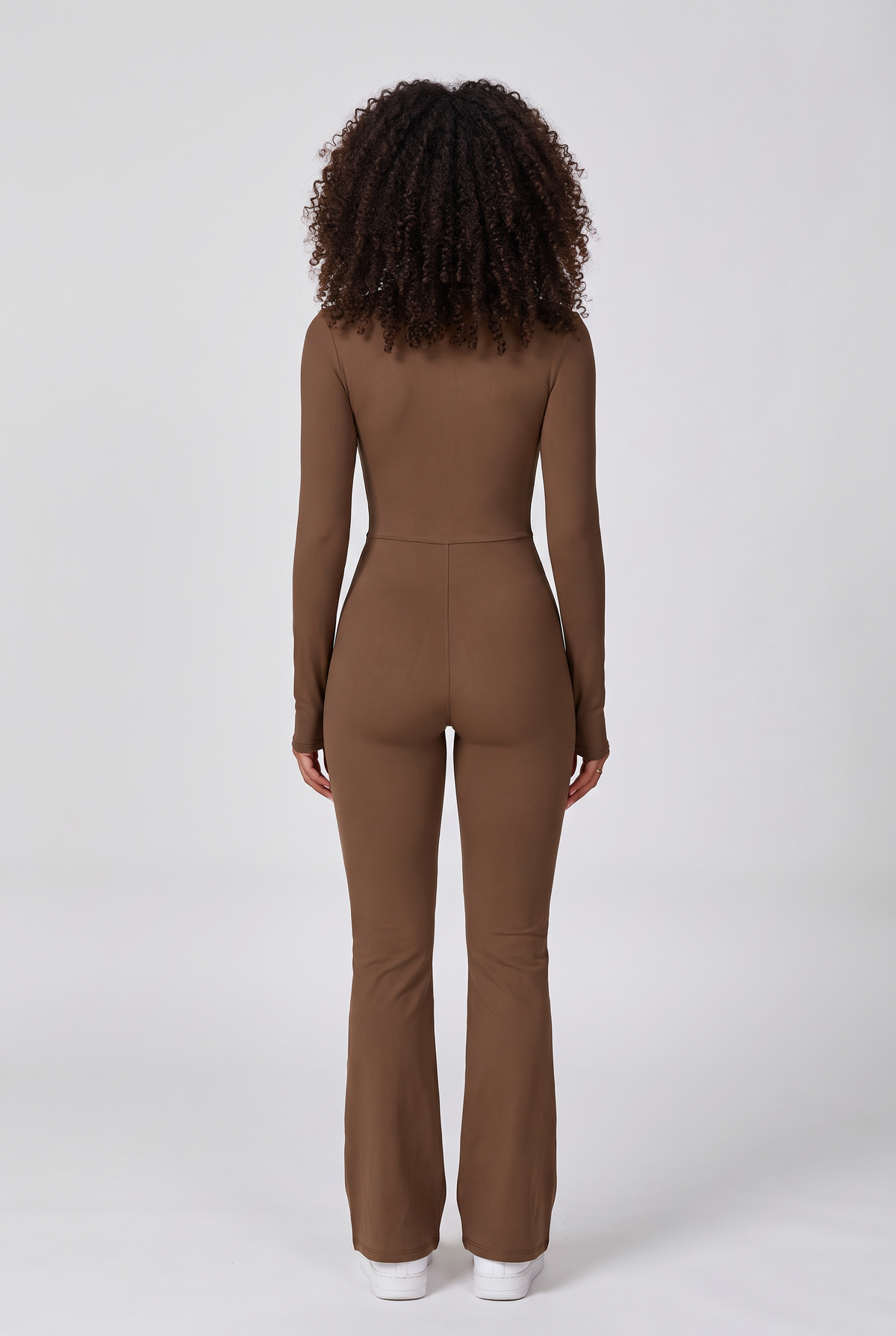 Move Zip-Front Flare Jumpsuit in Mocha, back view