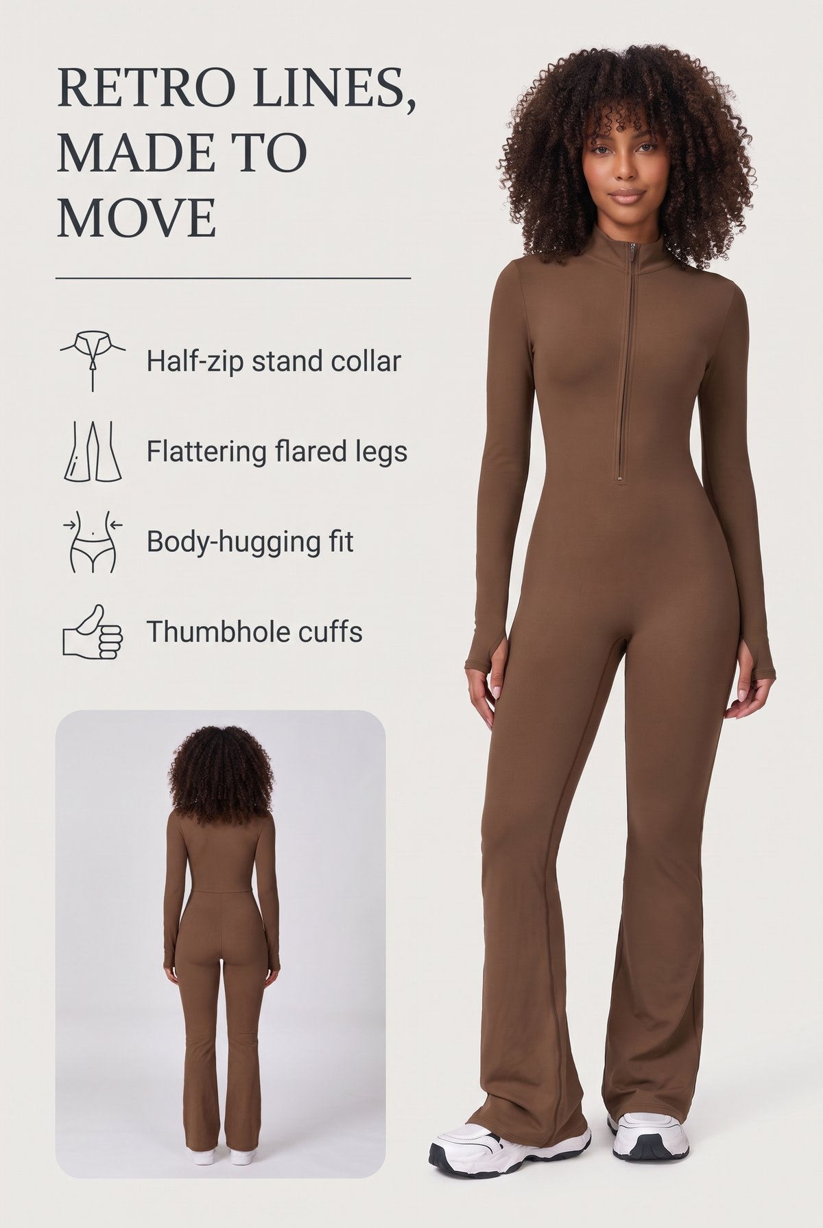 Move Zip-Front Flare Jumpsuit key benefits: half-zip stand collar, flattering flared legs, body-hugging fit, thumbhole cuffs