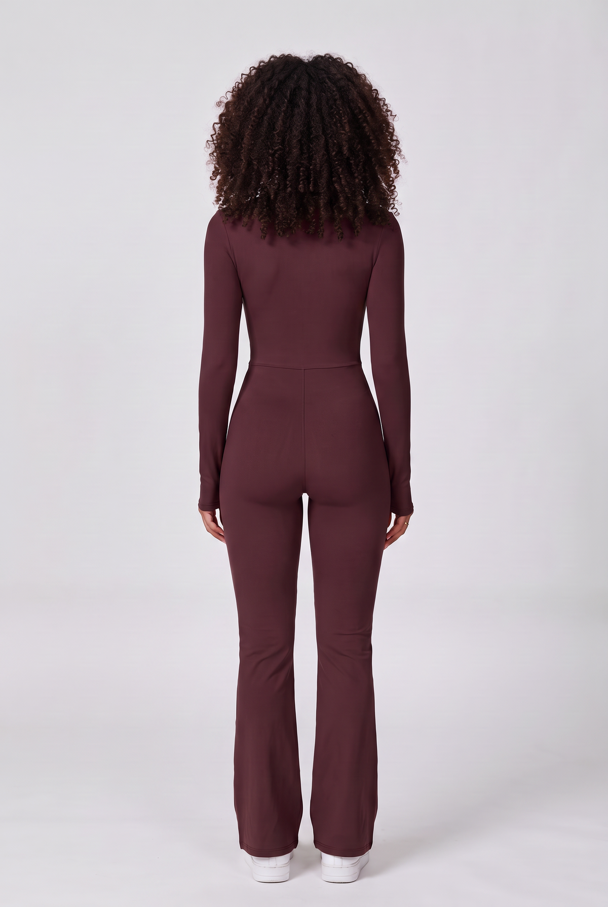 Move Zip-Front Flare Jumpsuit in Wine, back view