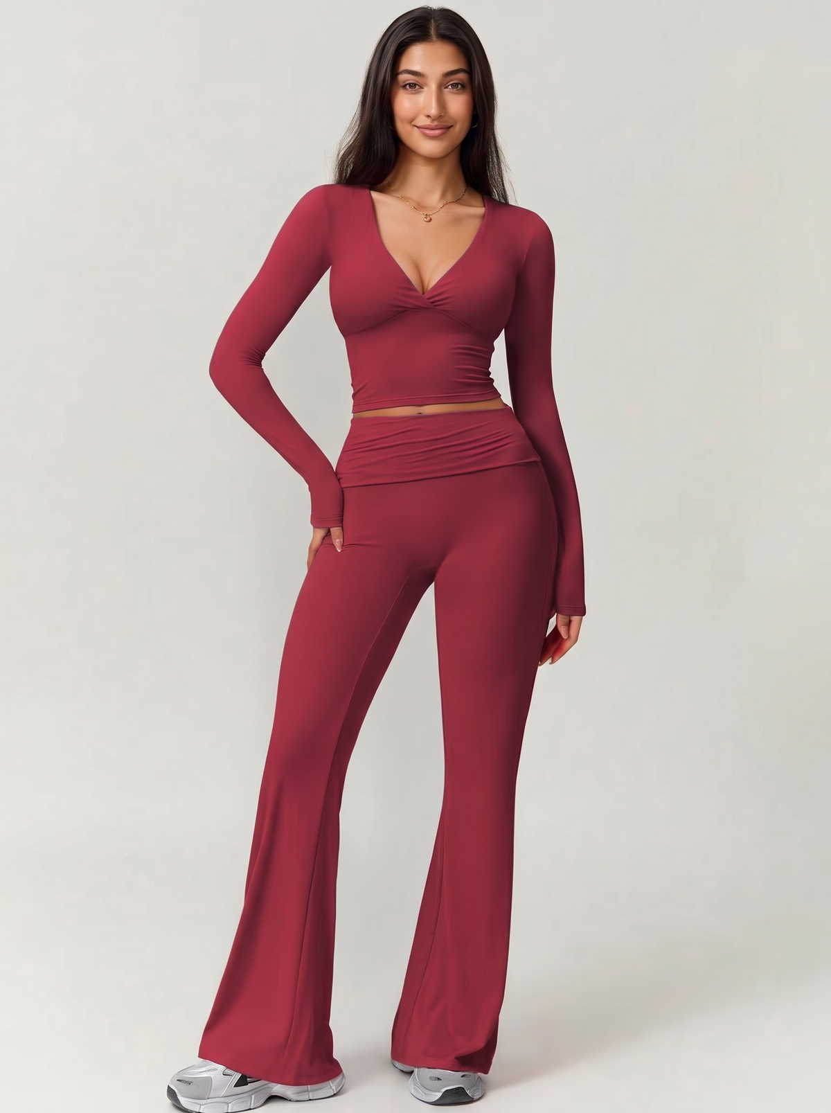 Move V-Neck Flare Set in Burgundy, front view